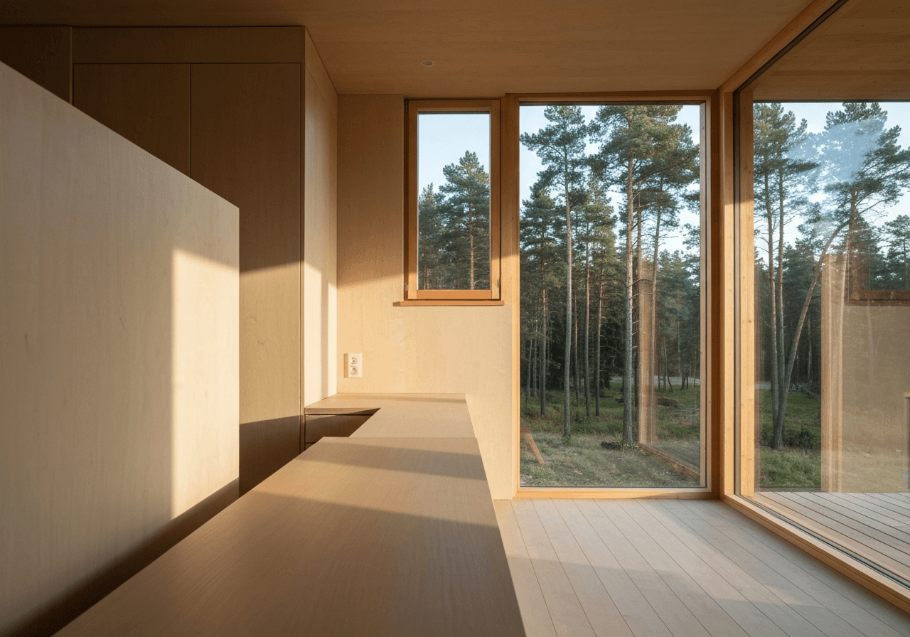 Editorial photography, a modern eco-friendly wooden cottage interior in the Třeboň region with a view of a pine forest, clean aesthetic, soft natural morning light, 85mm lens, high quality, no text, no words, no letters.