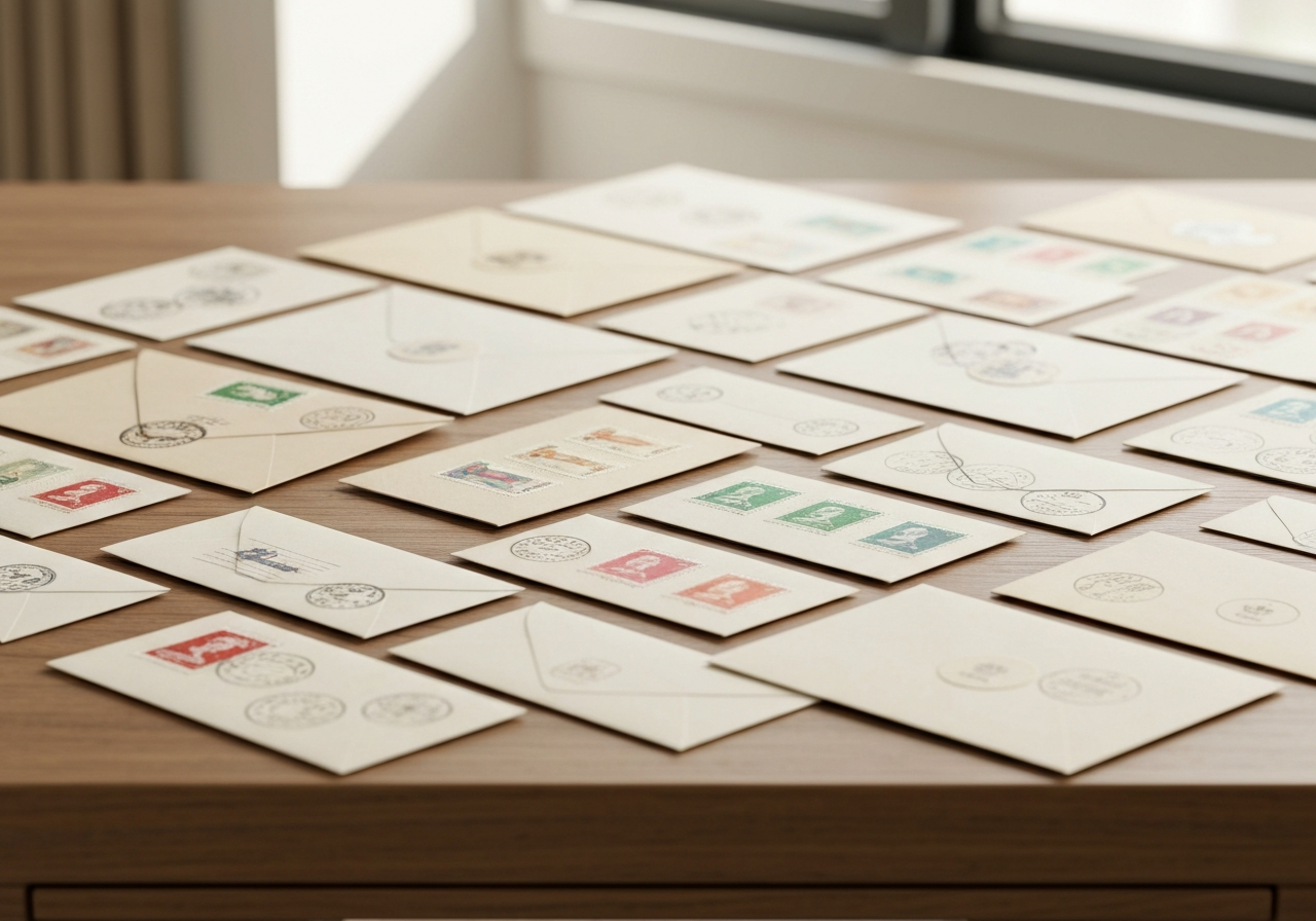Close-up of a neatly organized collection of vintage and modern envelopes and postal stamps on a minimalist wooden desk, soft natural light, premium editorial style, 85mm lens, no text, no letters
