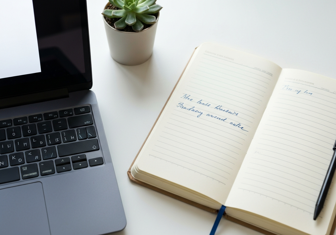 A high-angle close-up shot of an organized desk with a modern laptop, a handwritten notebook, and a small plant, editorial photography, soft natural lighting, 85mm lens, minimalist and premium aesthetic, no text, no letters.