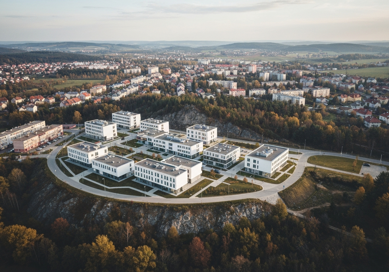 Aerial view of the town of Paskov with the Ostrava region landscape in the background, modern, clean editorial photography, soft natural light, 85mm lens, high resolution, no text, no letters