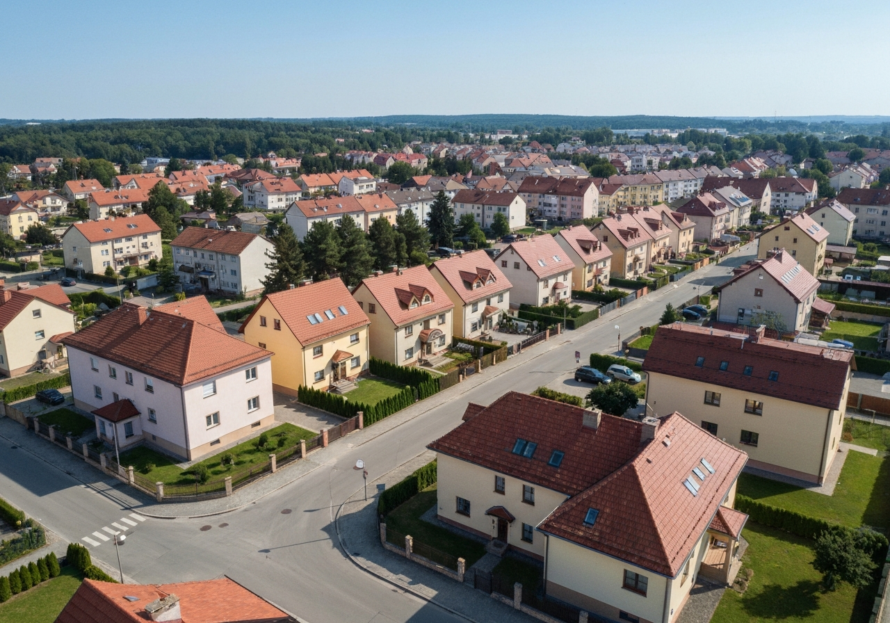 Aerial view of a clean, structured Czech residential neighborhood in Paskov with organized street layout, bright daylight, editorial photography, high resolution, soft natural lighting, 85mm lens, no text, no words, no letters.