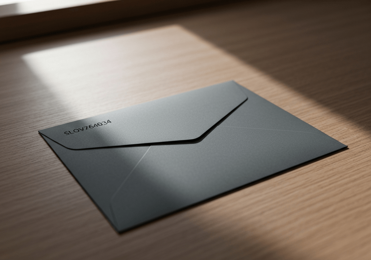 A professional, close-up shot of a modern envelope with a clearly written Slovak postal code, placed on a clean wooden desk with a minimalist aesthetic, soft natural light, 85mm lens, high resolution, no text, no letters