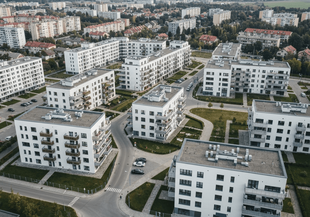 Aerial view of modern residential blocks in Kosice-Zapad, clean urban planning, minimalist architectural aesthetic, soft natural daylight, 85mm lens, high resolution, cinematic editorial photography, no text, no letters.