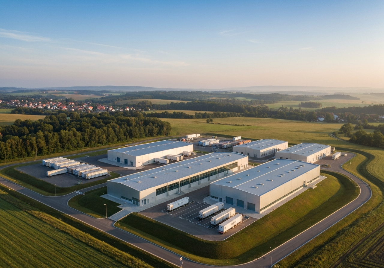 Aerial view of a modern Czech sorting facility, logistics hubs integrated into the landscape of the South Moravian region, minimalist architectural photography, soft natural morning light, sharp focus, 85mm lens, no text, no words, no letters