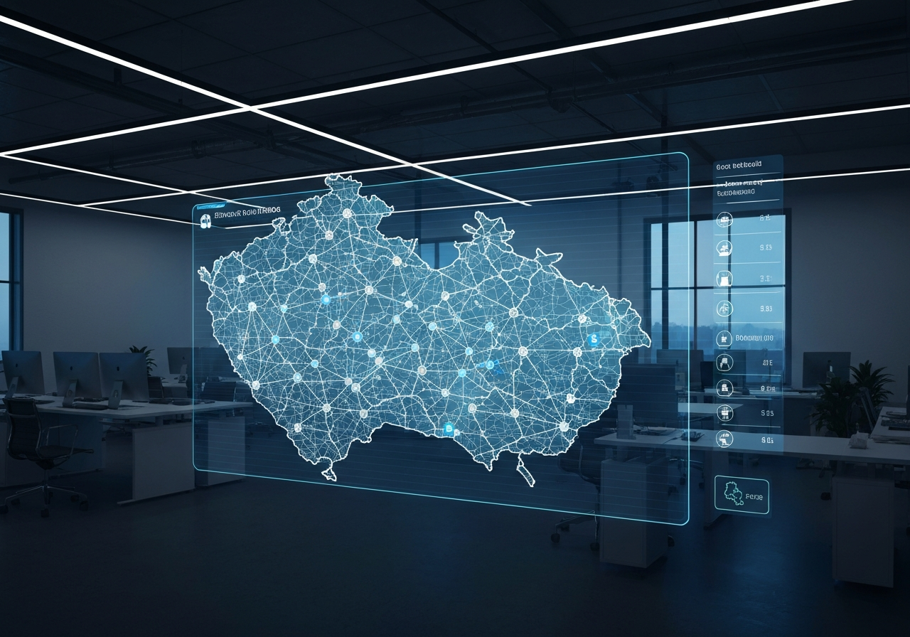 A high-tech data visualization interface displaying a digital map of postal code zones in the Czech Republic, glowing nodes representing logistics hubs, clean modern office environment, professional editorial style, soft cinematic lighting, 85mm lens, highly detailed, no text, no words, no letters