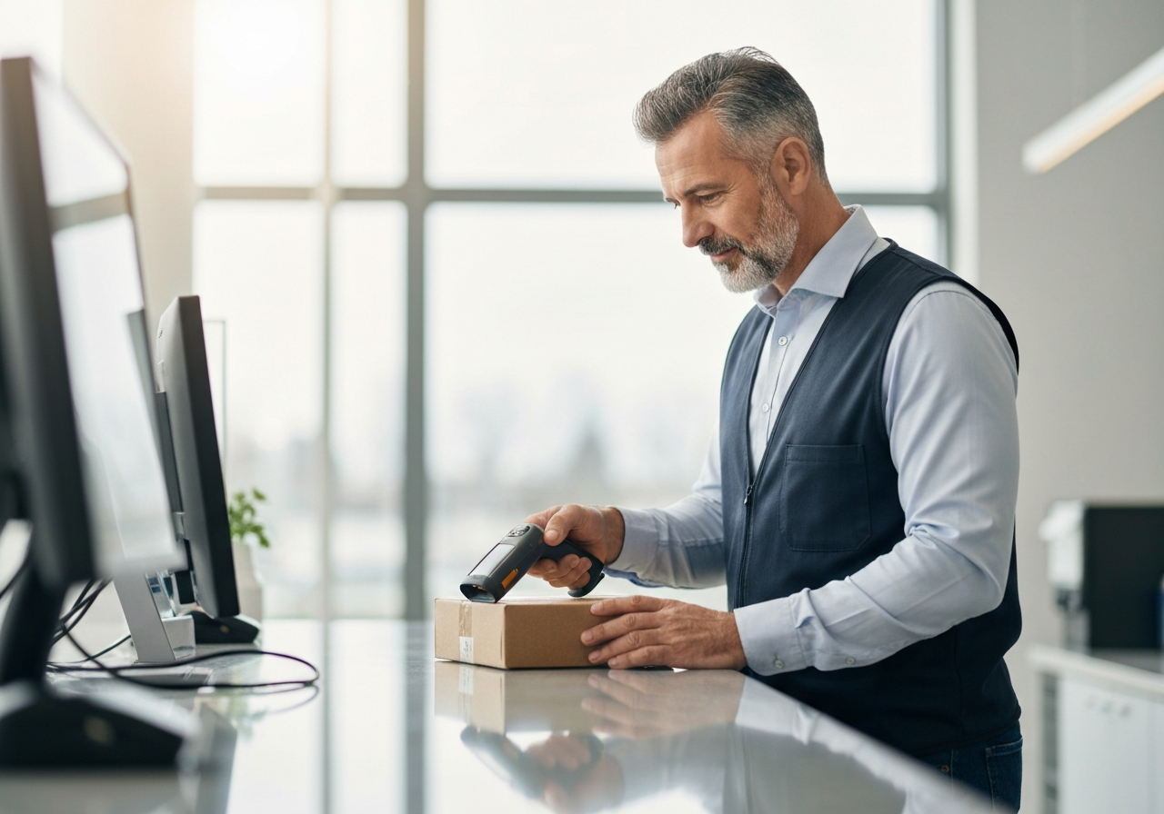 A professional logistics worker scanning a package at a modern, clean parcel service counter, soft natural light, shallow depth of field, 85mm lens, highly detailed, no text, no words, no letters