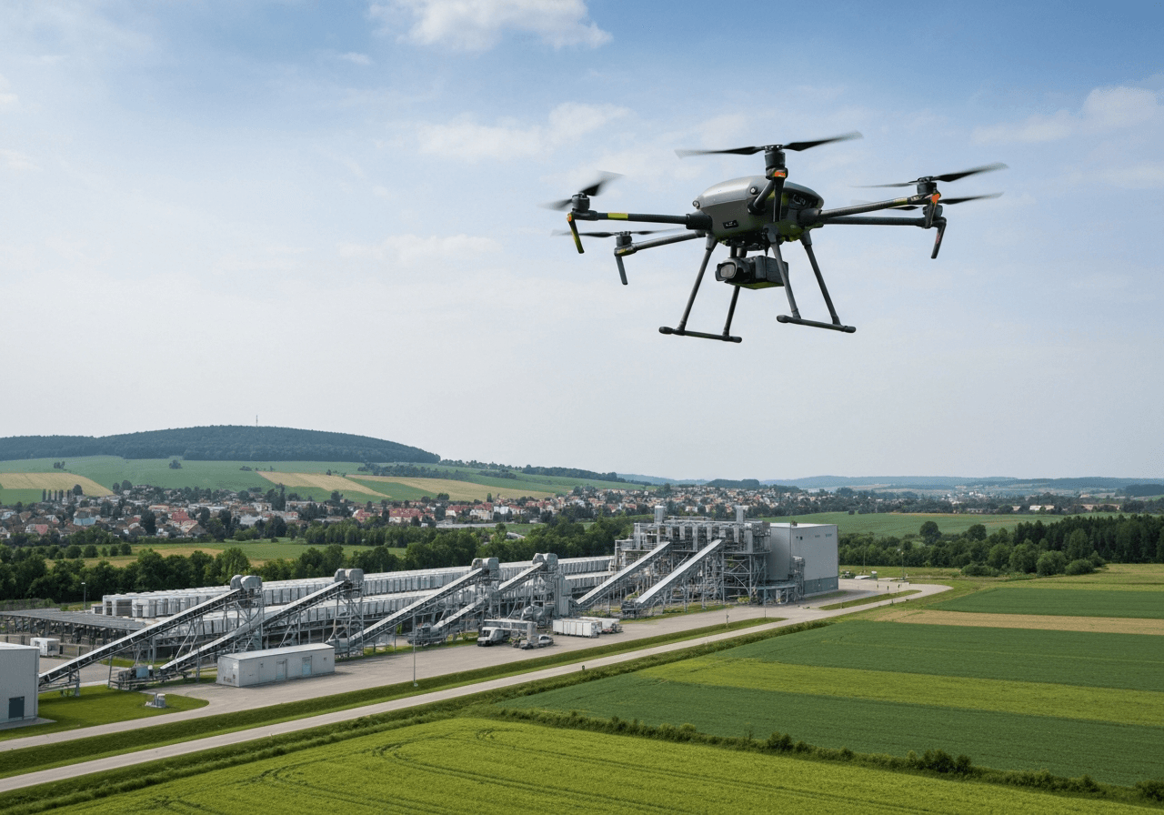 A professional logistics delivery drone flying over the picturesque rural landscape of Kobylnice u Brna with modern automated sorting facility background, soft natural light, premium editorial style, 85mm lens, highly detailed, no text, no letters