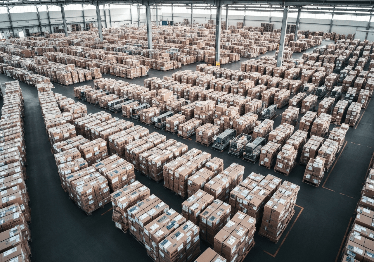 Aerial view of a modern logistics sorting center, clean minimalist aesthetic, organized parcel stacks, soft natural morning light, professional editorial photography, 85mm lens, no text, no words, no letters
