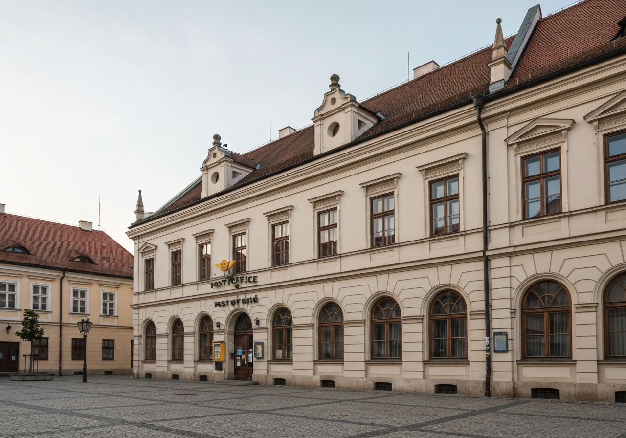 A professional exterior shot of a classic Czech post office building in a historic town square, clean architectural lines, soft natural daylight, cinematic quality, 85mm lens, no text, no letters.