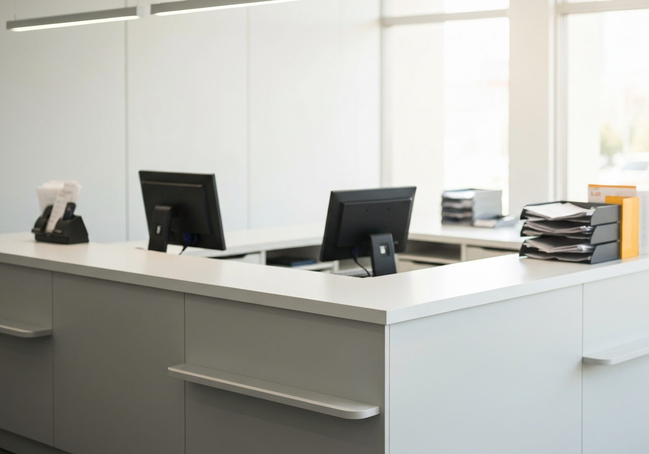 A clean, professional interior of a modern post office service desk, blurred background with organized administrative documents and postal equipment, editorial photography, soft natural light, 85mm lens, minimalist aesthetic, no text, no words, no letters.