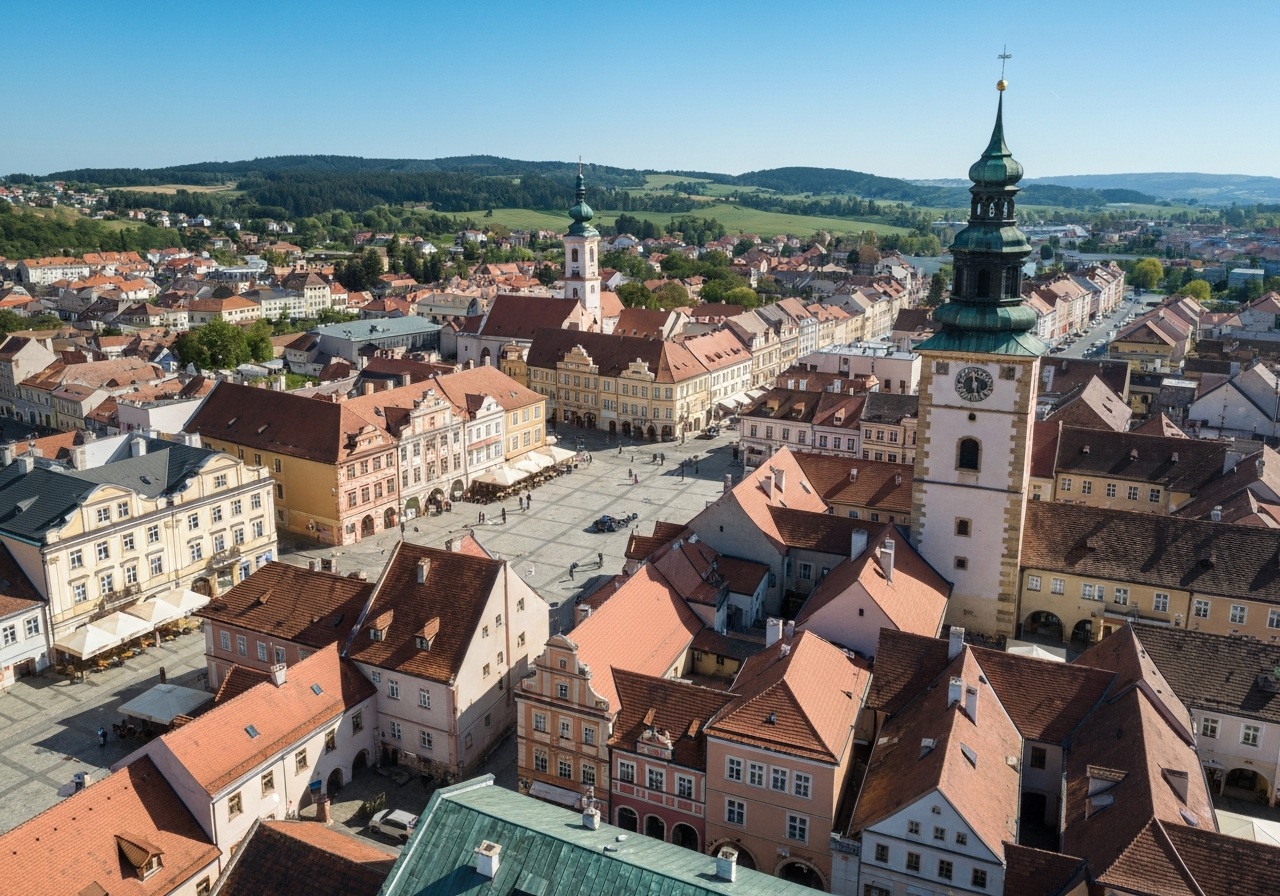 Aerial view of the historical town square of Prelouc, Czech Republic, during a sunny day, modern editorial photography, vibrant colors, soft natural light, 85mm lens, high resolution, no text, no words, no letters