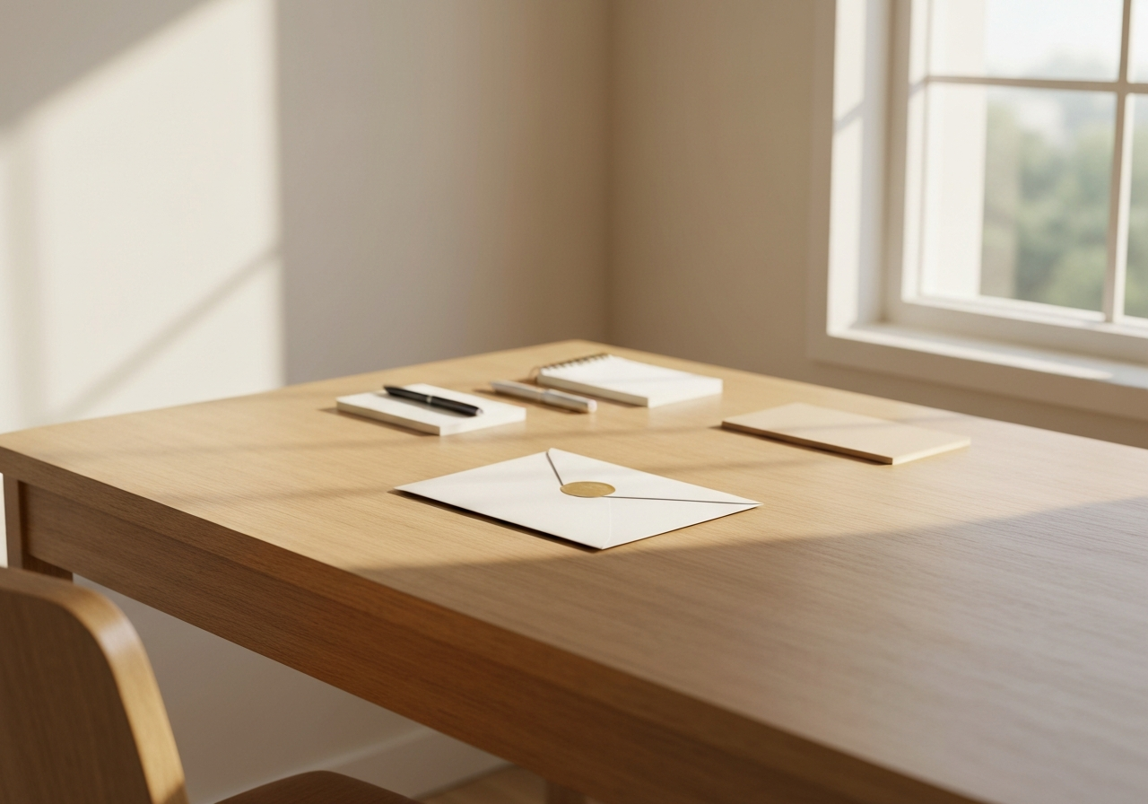 A clean, organized wooden desk with a neat envelope ready for mailing, minimal stationery items, soft natural morning light streaming through a window, editorial photography, 85mm lens, high quality, no text, no letters.