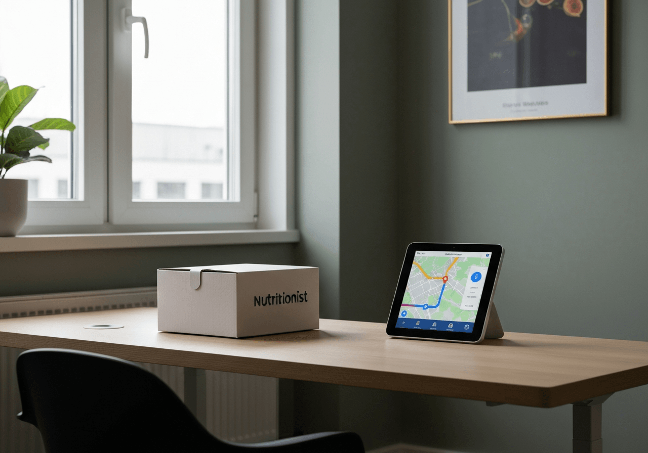 A professional nutritionist's desk with a clean aesthetic, featuring a delivery box and a digital device showing a map interface, soft natural light, 85mm lens, high quality, no text, no letters.