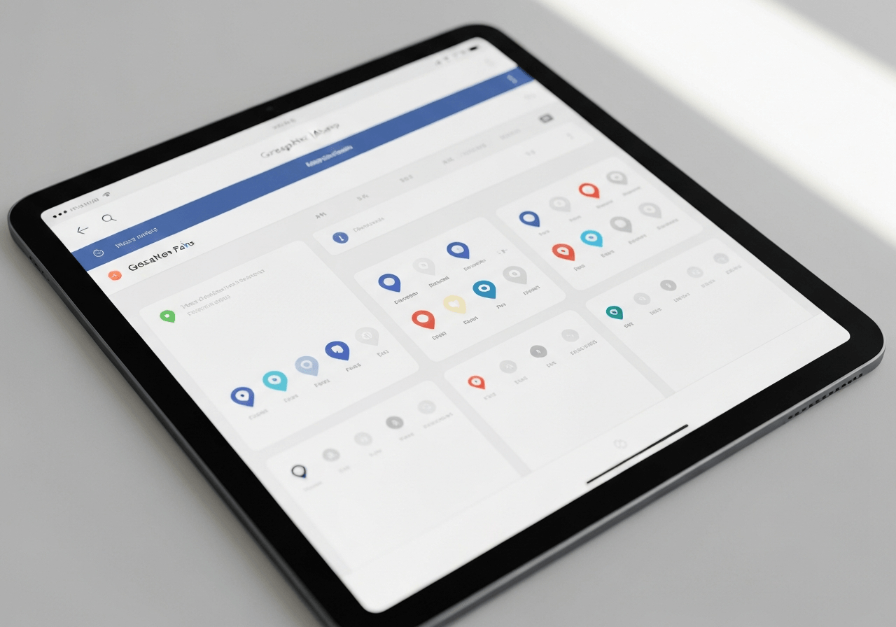 A professional digital interface on a sleek tablet screen showing a geographic mapping application with location pins, clean modern workspace background, soft natural light, 85mm lens, high quality, no text, no words, no letters