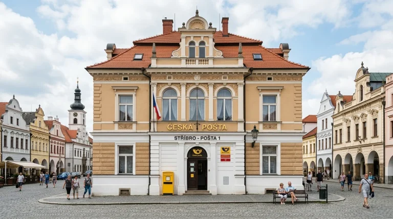Historická budova České pošty na Masarykově náměstí ve Stříbře