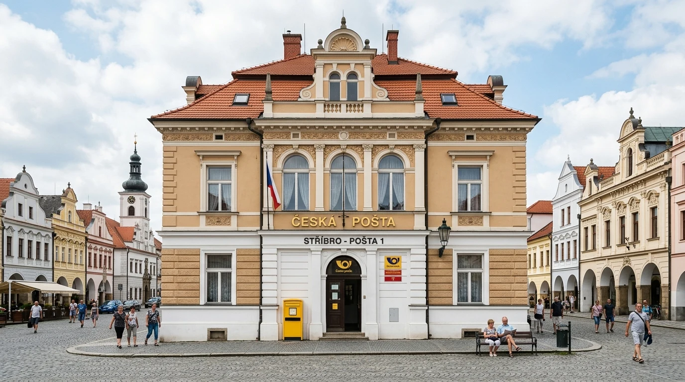 Česká pošta Stříbro: Otevírací doba, adresa na Masarykově náměstí, PSČ 349 01 a Czech POINT 1 Historická budova České pošty na Masarykově náměstí ve Stříbře