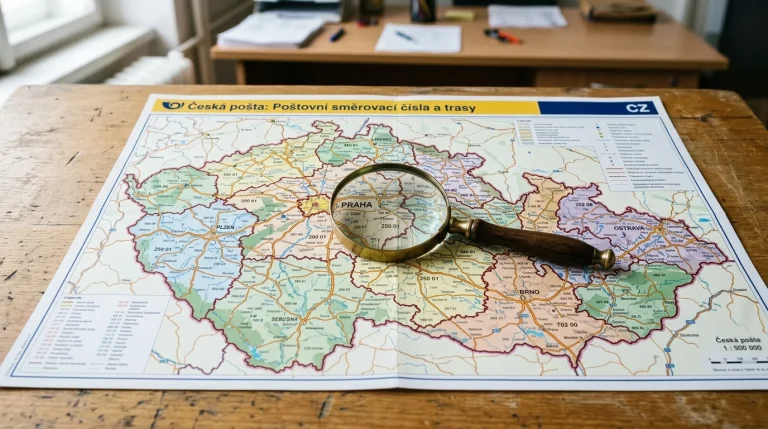 Poštovní mapa České republiky s vyznačenými zónami PSČ a lupou