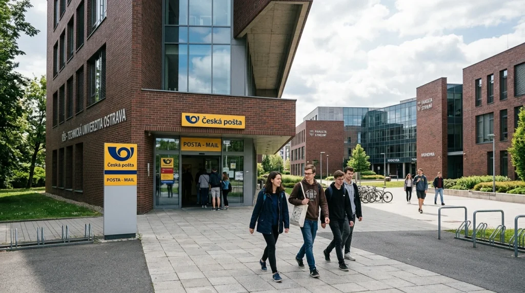 Budova pošty v moderním kampusu VŠB-TUO v Ostravě-Porubě se studenty procházejícími okolo