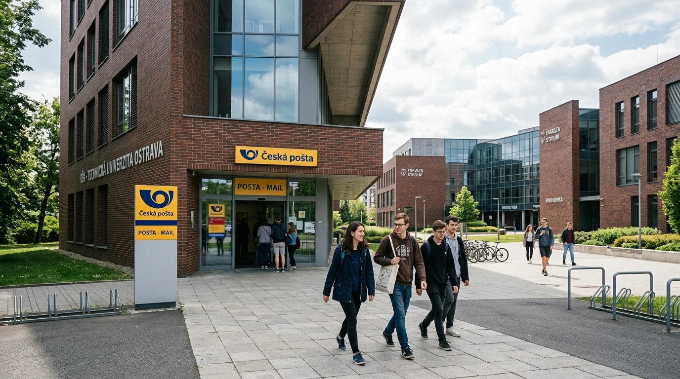 Pošta VŠB Ostrava Poruba (PSČ 708 00): Otevírací doba, adresa 17. listopadu, telefon, studentské balíky a Balíkovna 1 Budova pošty v moderním kampusu VŠB-TUO v Ostravě-Porubě se studenty procházejícími okolo