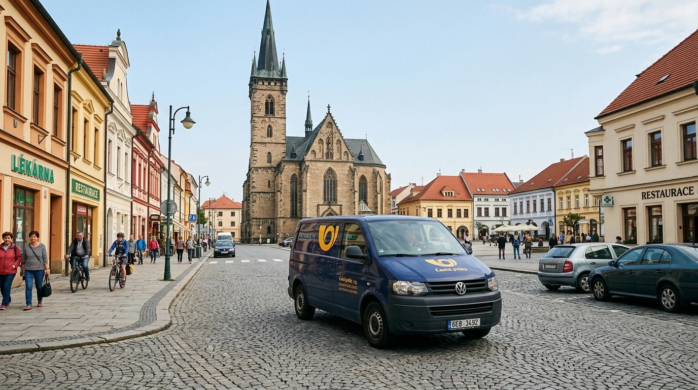 Poštovní dodávka rozvážející zásilky v poštovním obvodu Přelouč 1