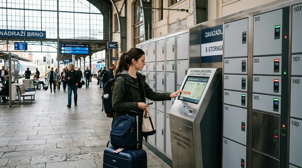 Cestující u dotykového platebního terminálu automatických úschovních skříněk na hlavním nádraží v Brně