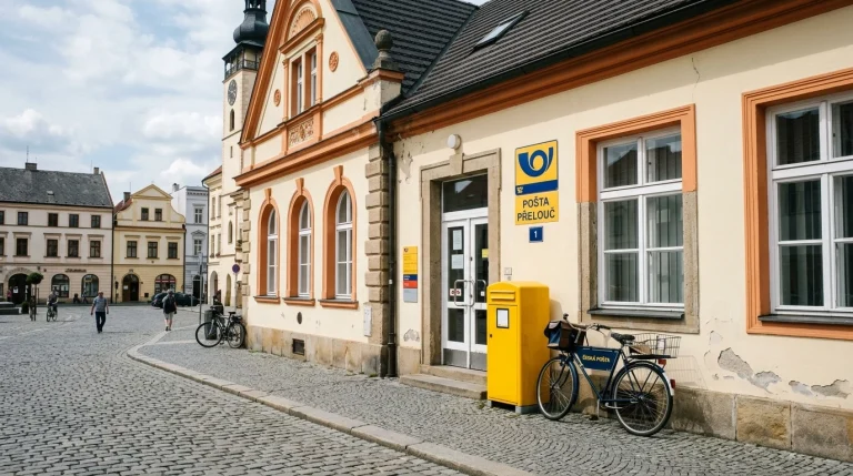 Pobočka České pošty v Přelouči s poštovní schránkou a přepážkami