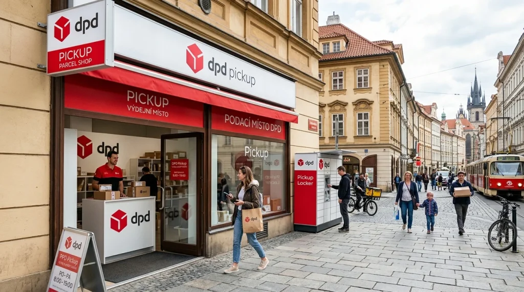 Moderní prodejna DPD Pickup a samoobslužný box s červenobílým logem pro podání balíku