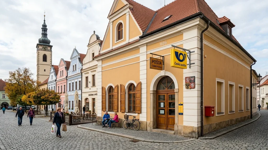 Historická budova České pošty se žlutým logem poštovní trubky na náměstí Svobody ve Vodňanech