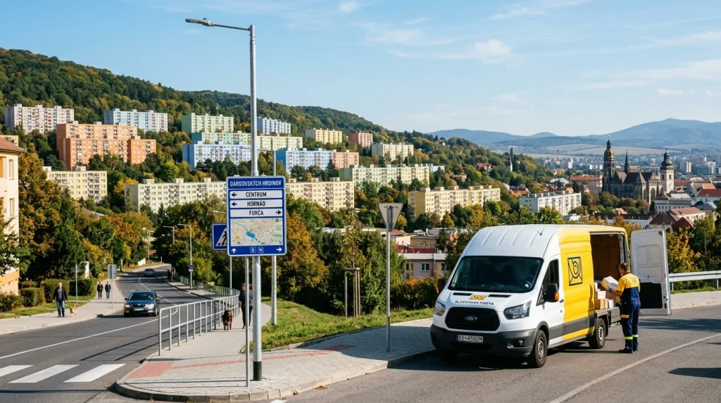 Mestská časť Košice Dargovských hrdinov Furča s poštou a smerovacími tabuľami